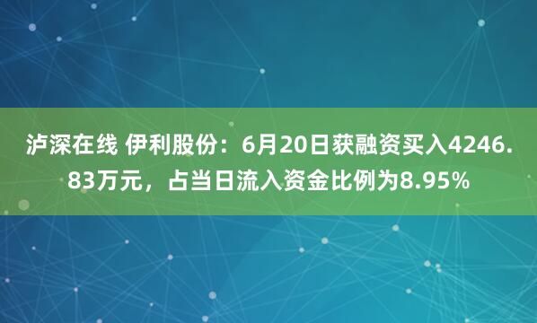 泸深在线 伊利股份：6月20日获融资买入4246.83万元，占当日流入资金比例为8.95%